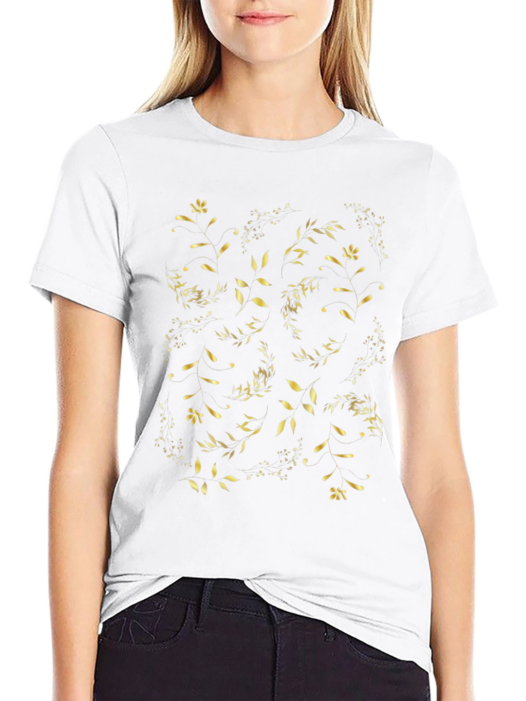 Golden Floral Print Black T-Shirt
