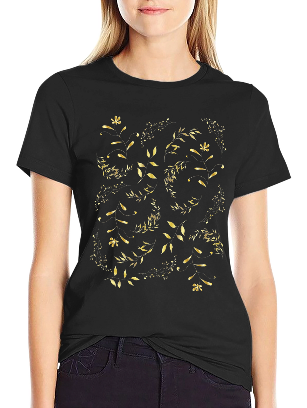 Golden Floral Print Black T-Shirt