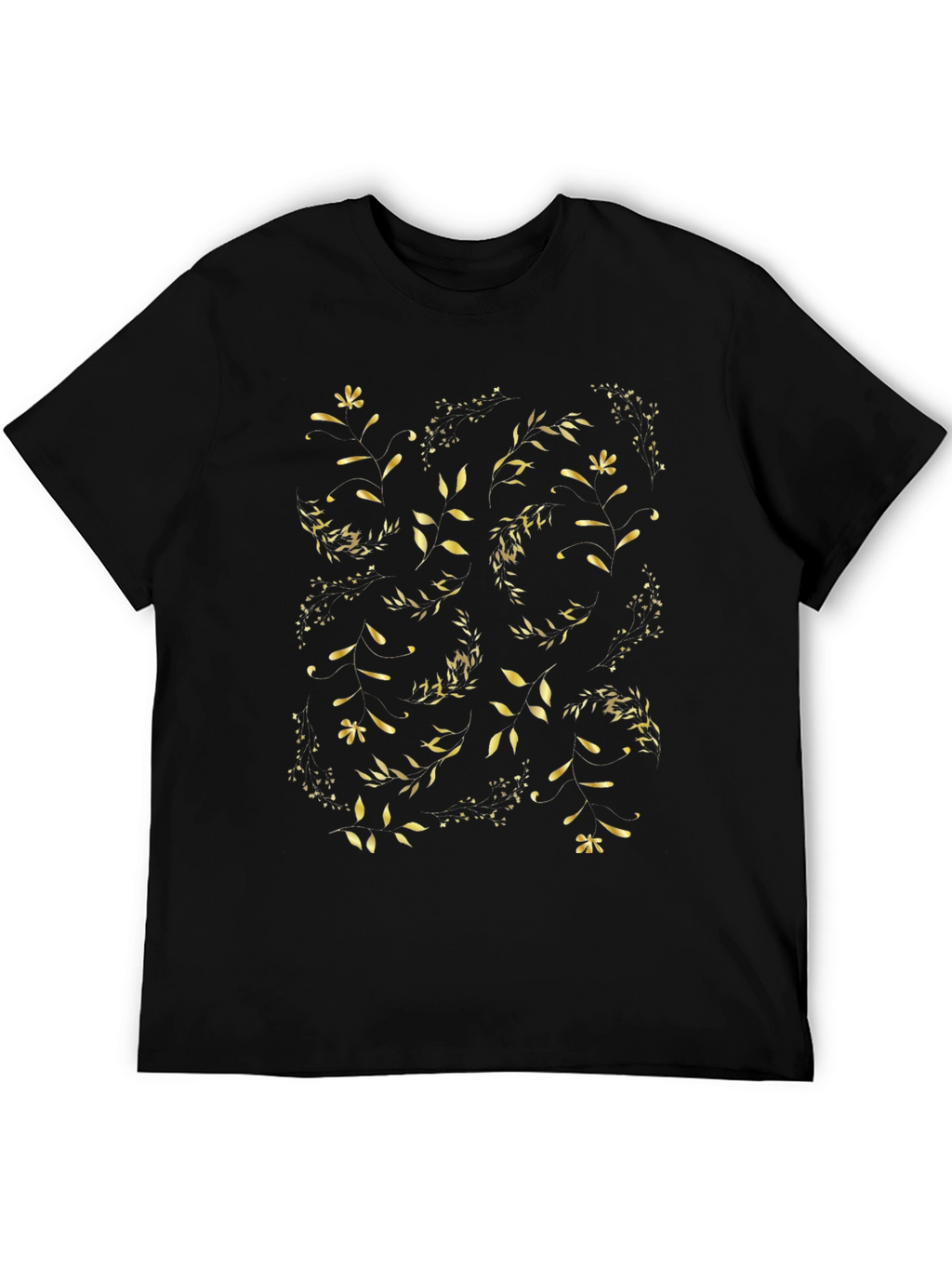 Golden Floral Print Black T-Shirt