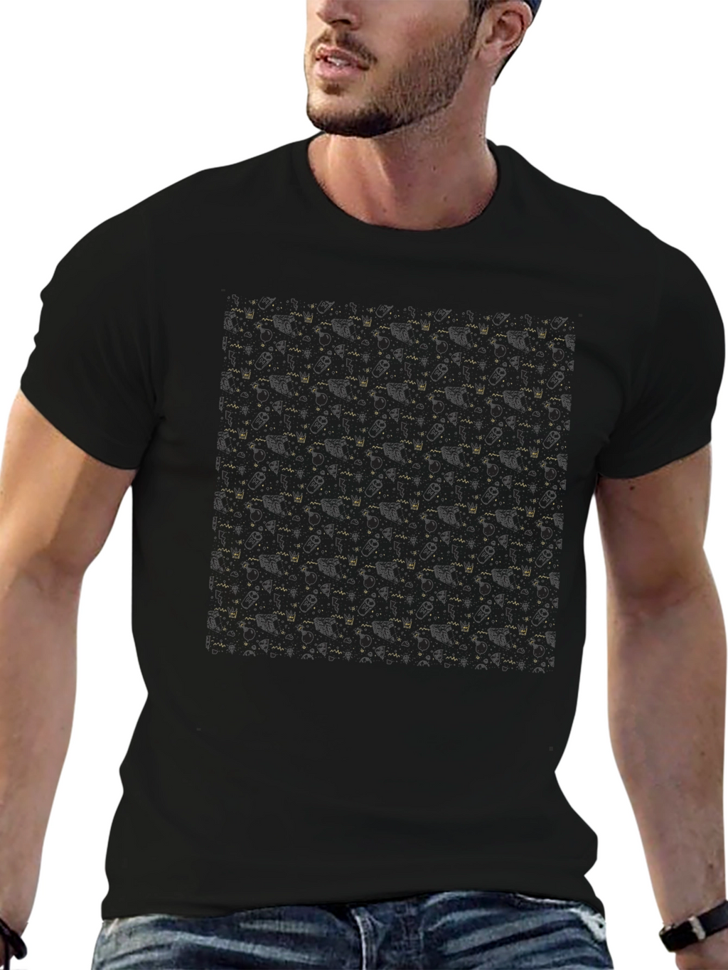 Modern Black T-Shirt with Gold Geometric Pattern
