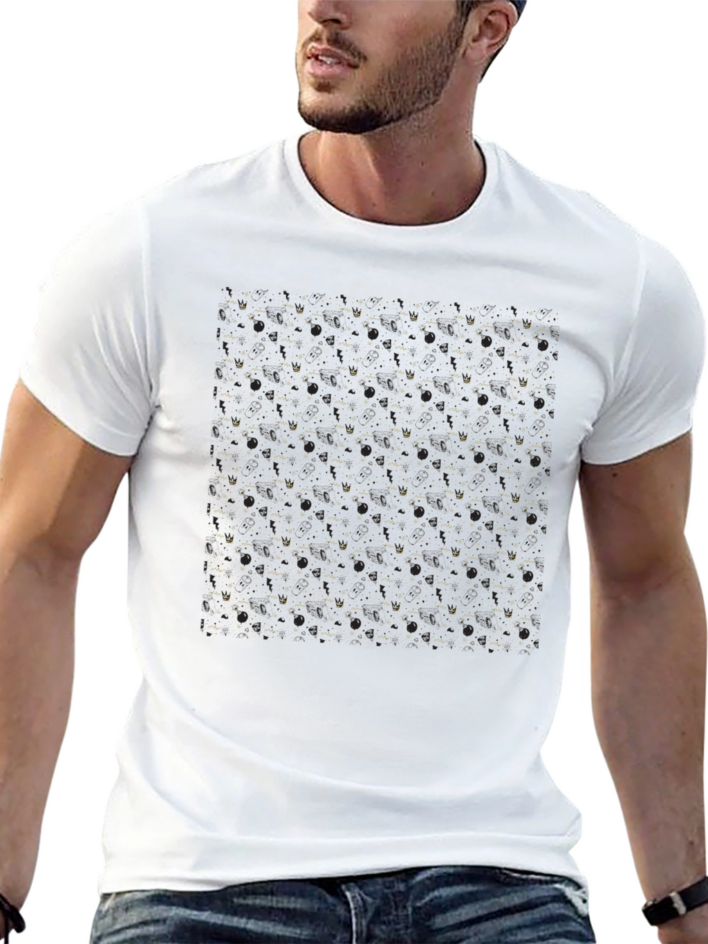Modern Black T-Shirt with Gold Geometric Pattern