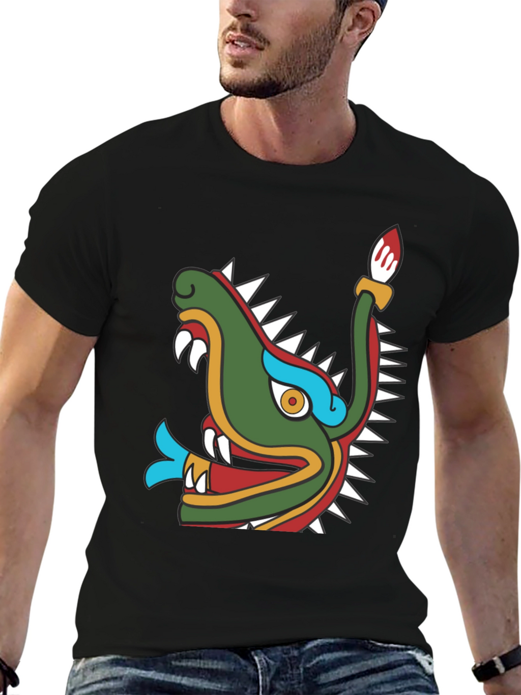 Aztec Dragon Head Graphic T-Shirt - Black