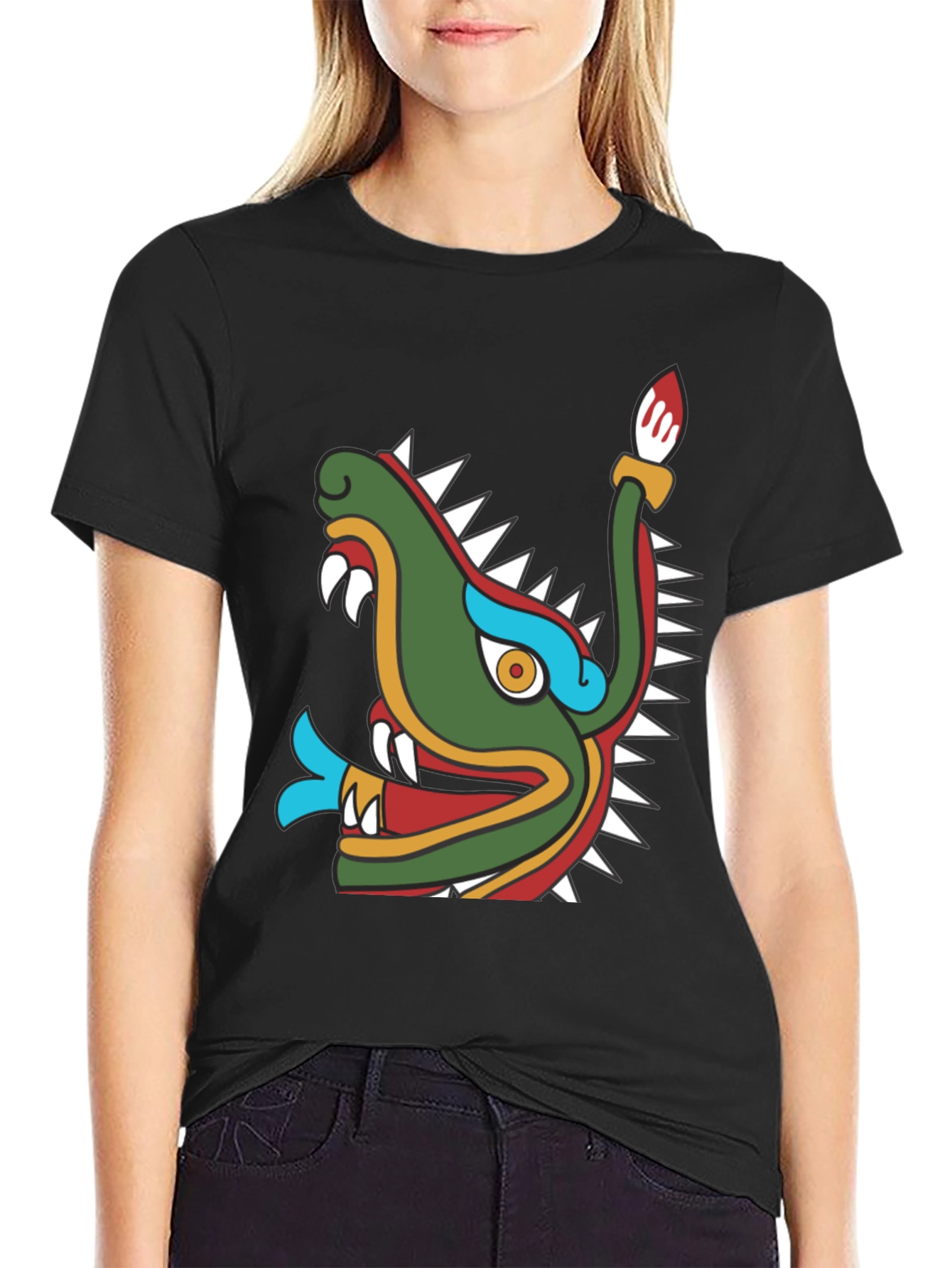 Aztec Dragon Head Graphic T-Shirt - Black
