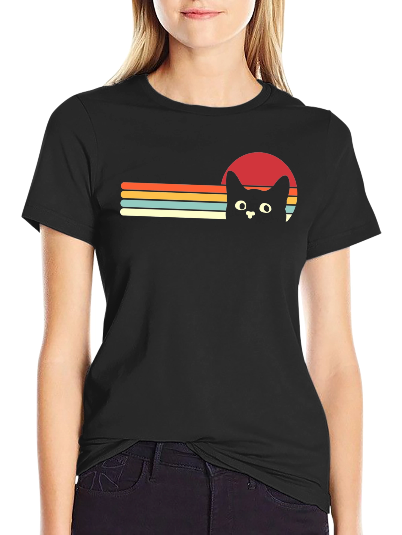 Retro Cat Sunset Graphic Tee - Black T-Shirt