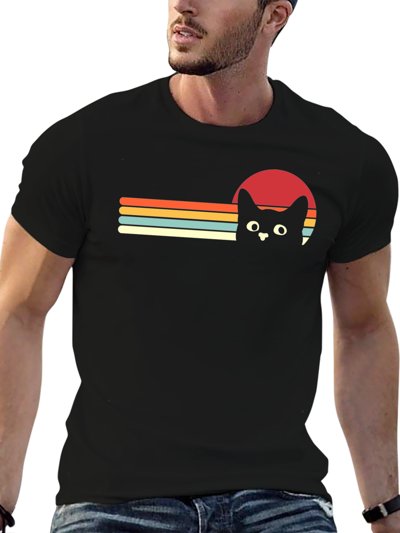Retro Cat Sunset Graphic Tee - Black T-Shirt