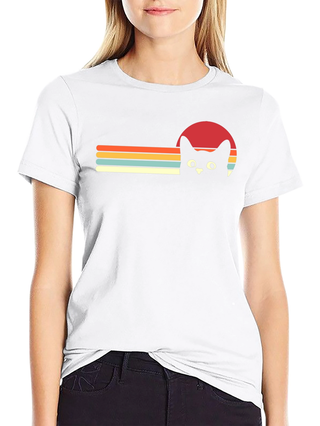 Retro Cat Sunset Graphic Tee - Black T-Shirt