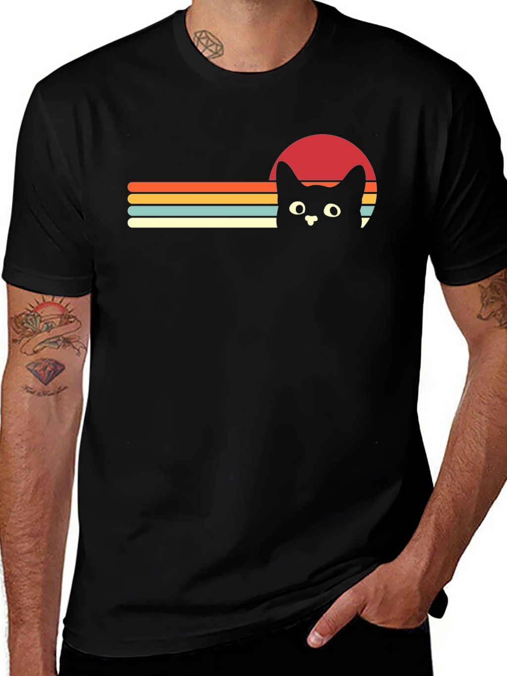 Retro Cat Sunset Graphic Tee - Black T-Shirt