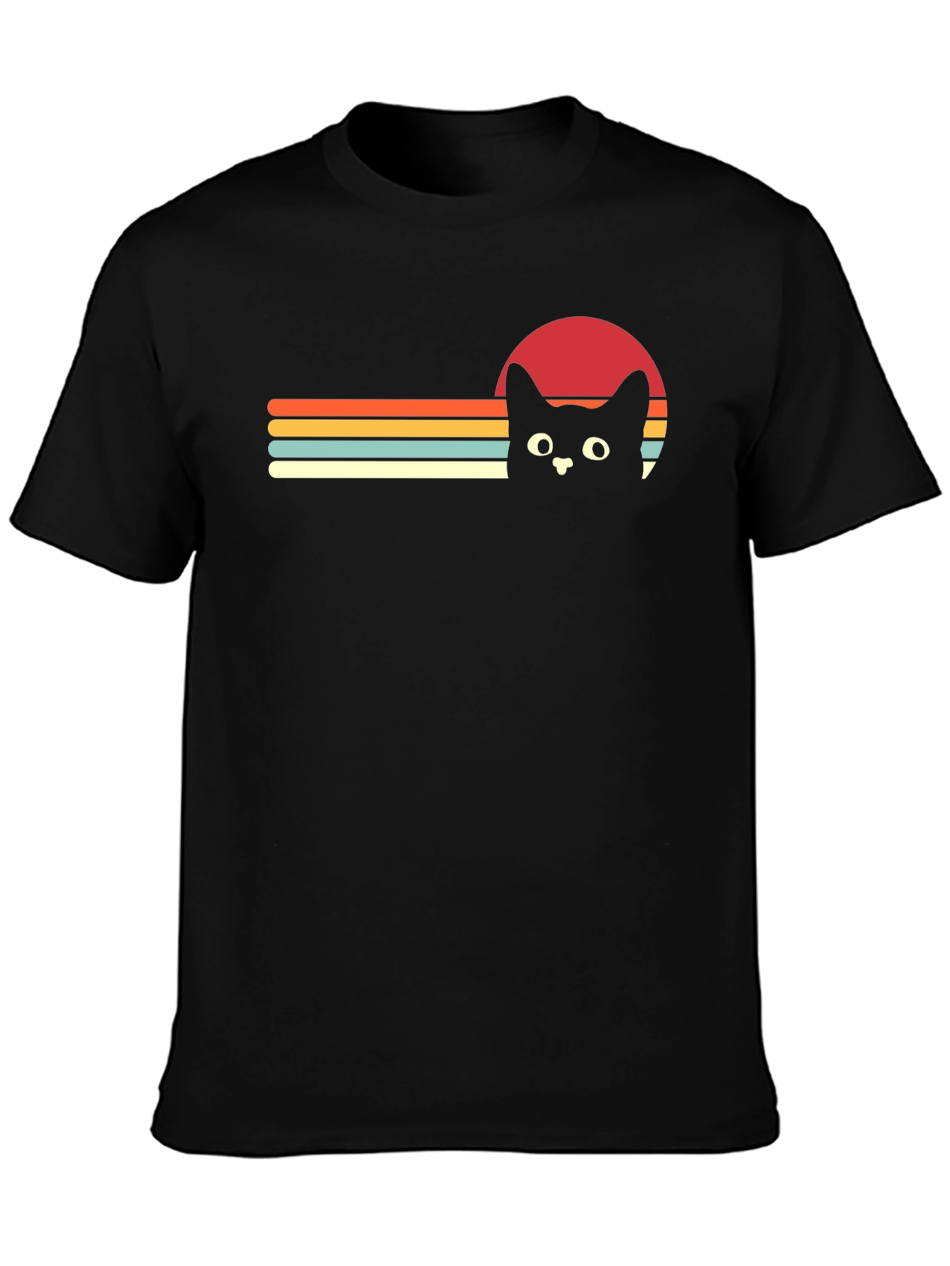 Retro Cat Sunset Graphic Tee - Black T-Shirt