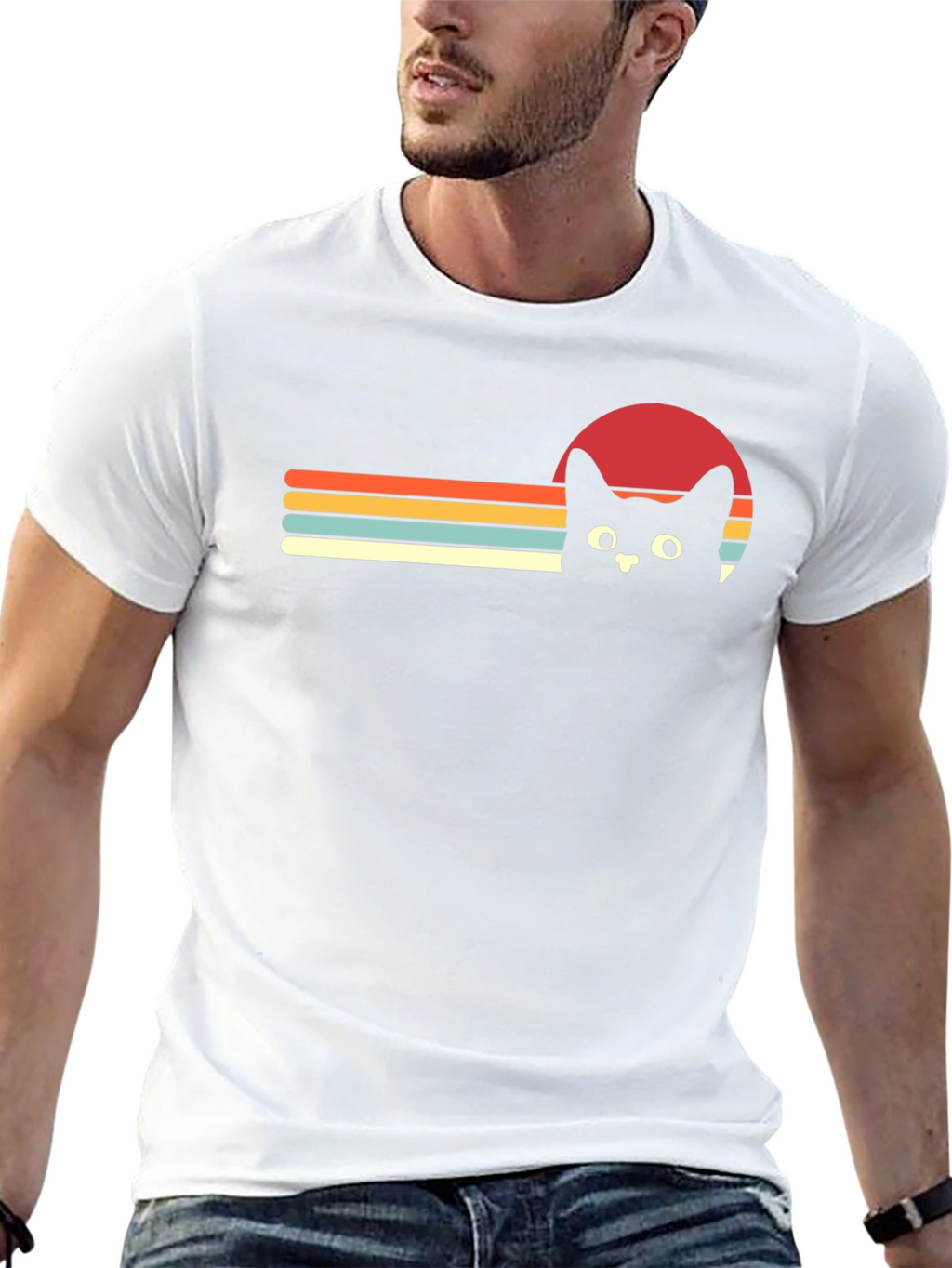 Retro Cat Sunset Graphic Tee - Black T-Shirt
