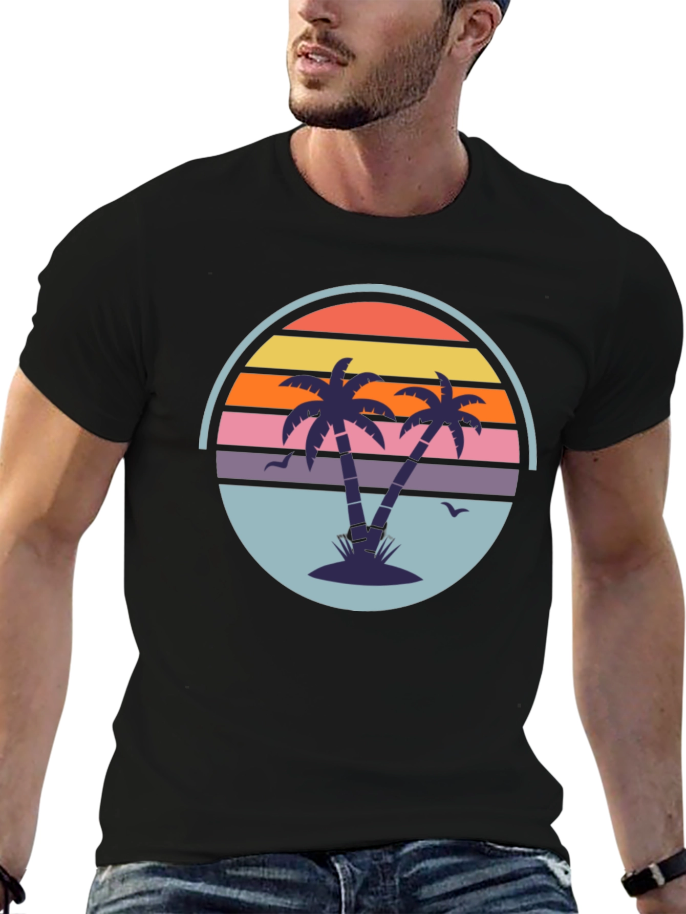 Retro Sunset Palm Tree Graphic Tee - Mens Black T-Shirt
