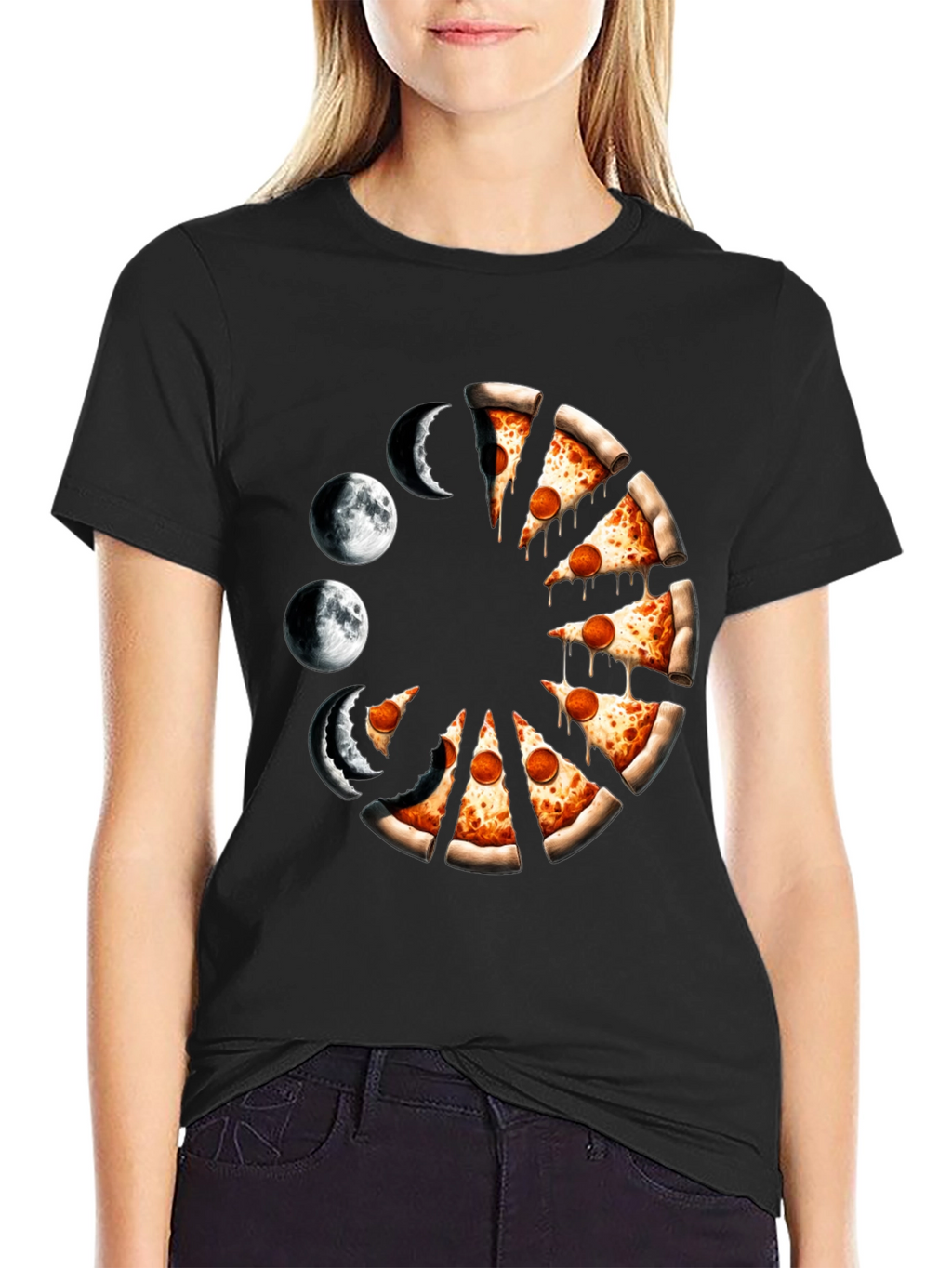 Pizza Moon Phases Graphic Tee - Black Casual Shirt