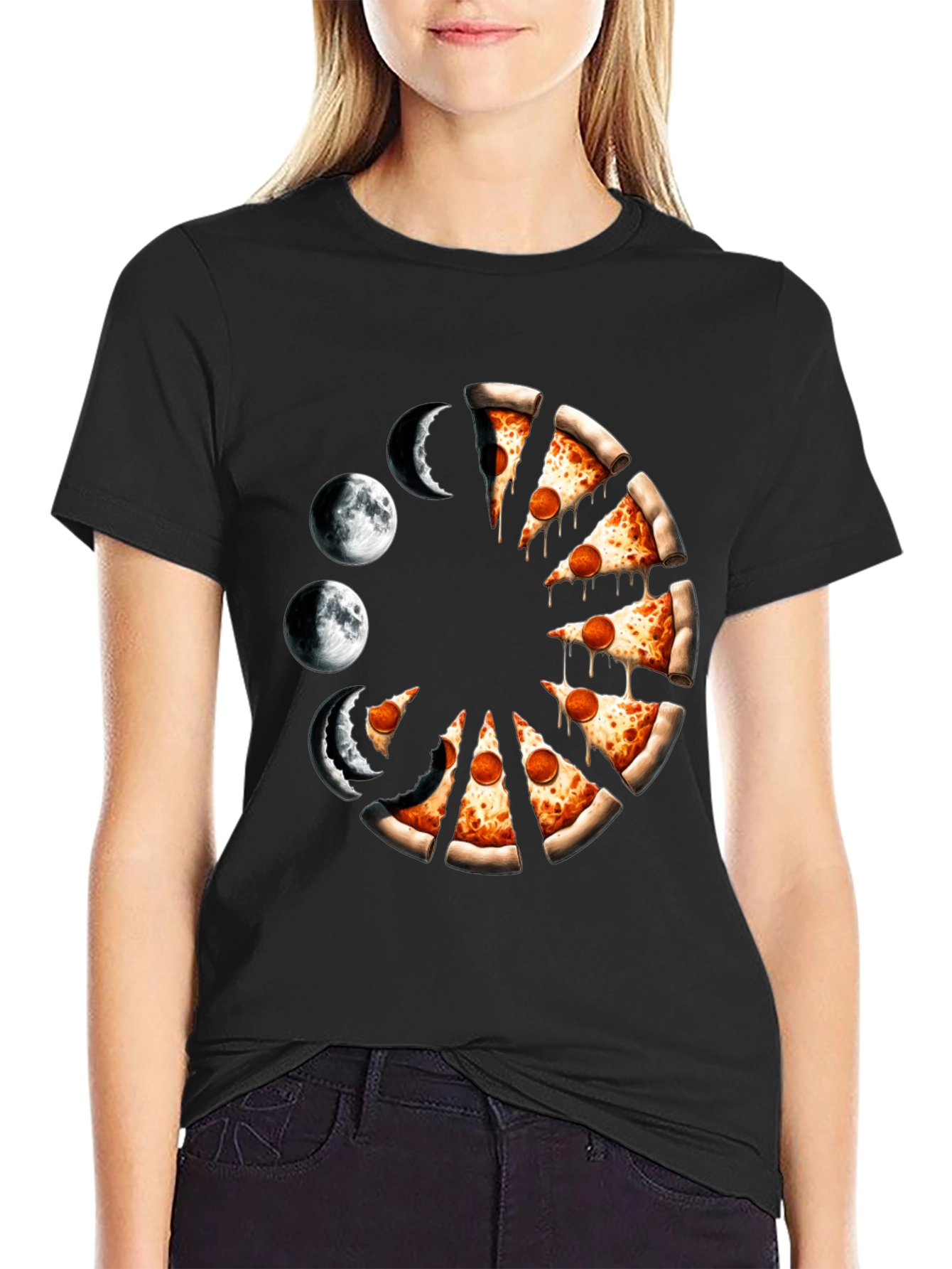 Pizza Moon Phases Graphic Tee - Black Casual Shirt