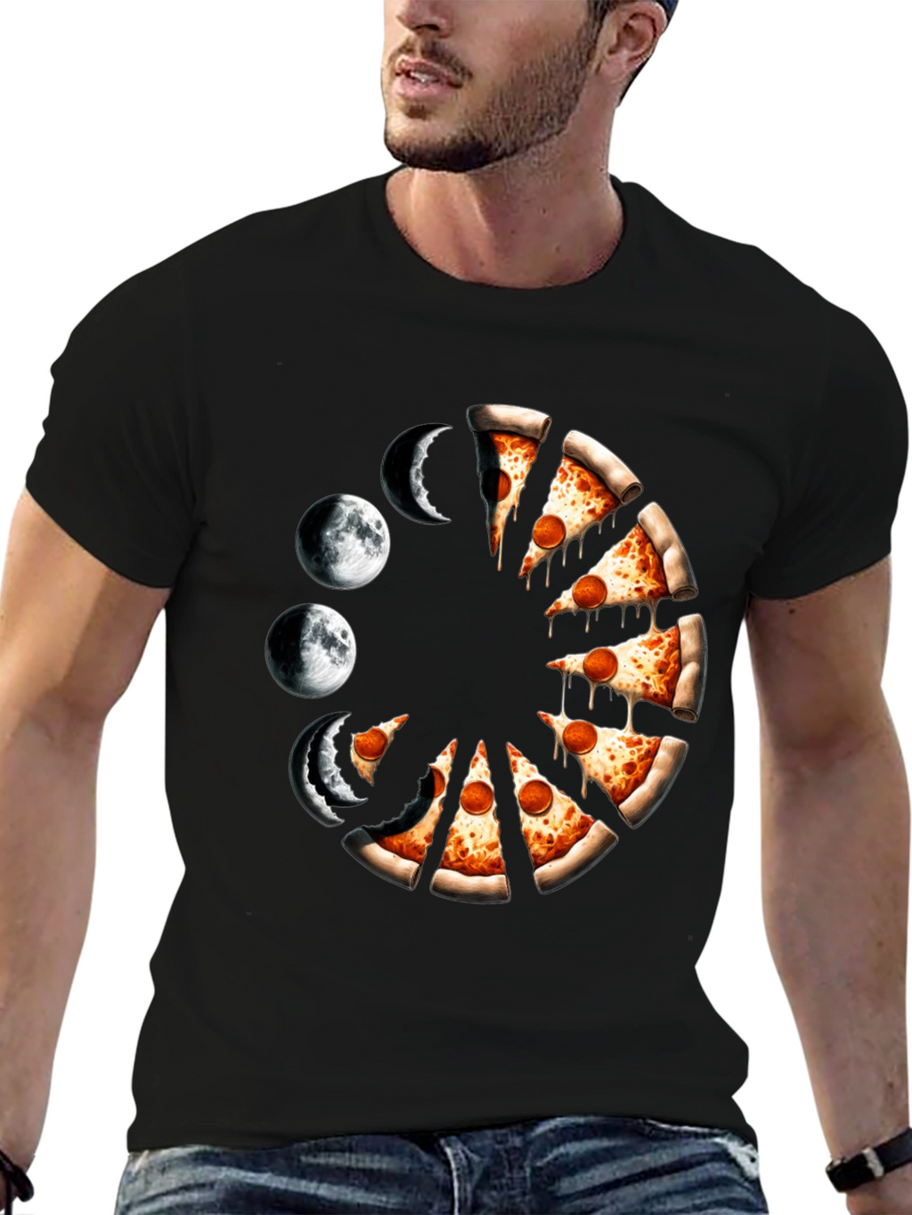 Pizza Moon Phases Graphic Tee - Black Casual Shirt