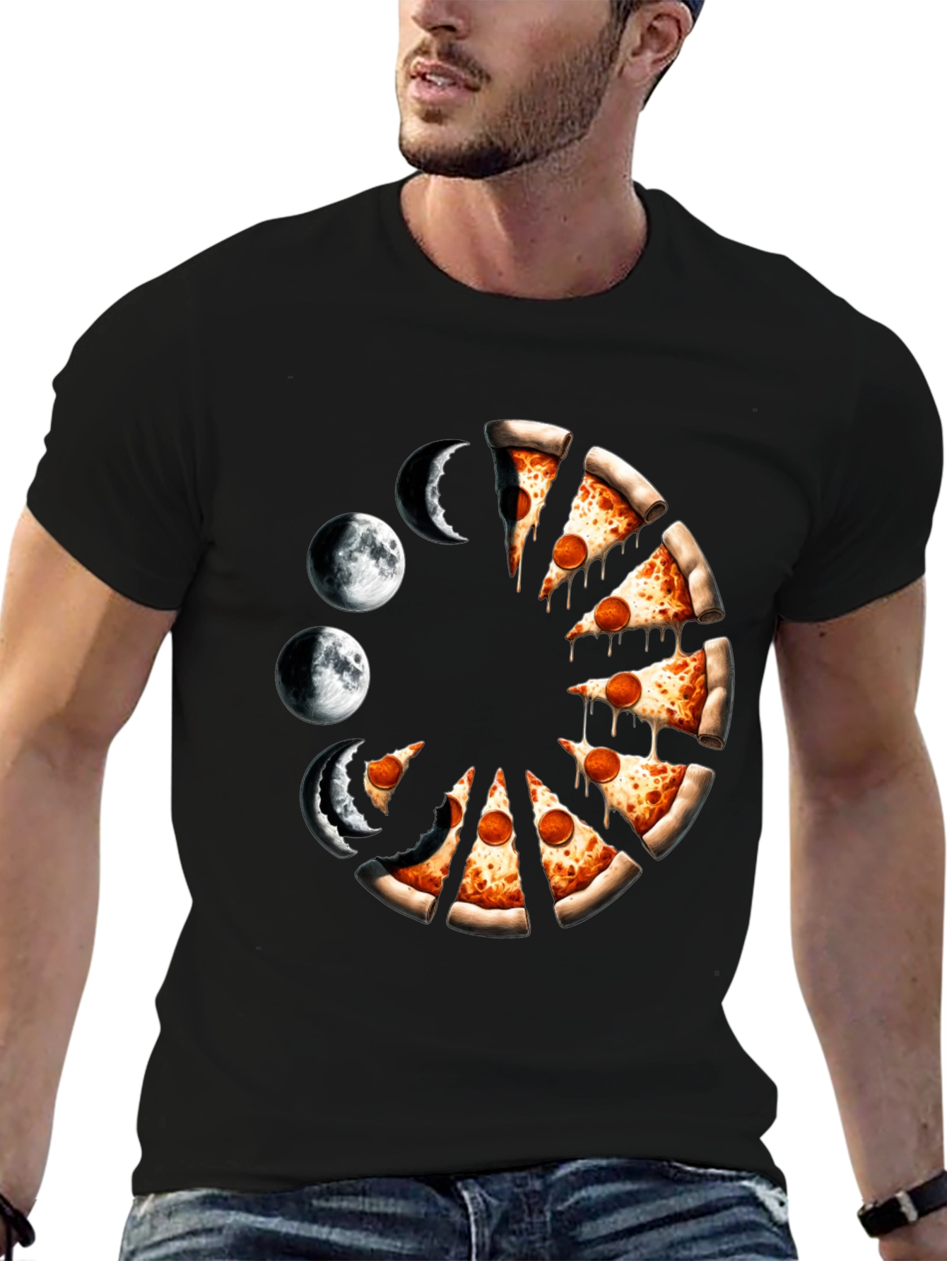 Pizza Moon Phases Graphic Tee - Black Casual Shirt