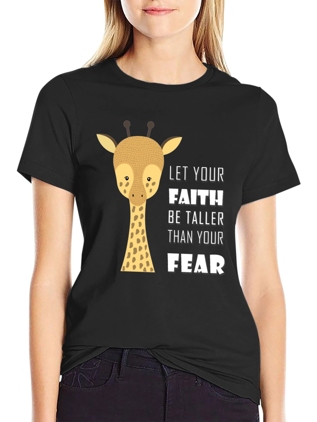 Faith Over Fear Giraffe Graphic Tee - Black