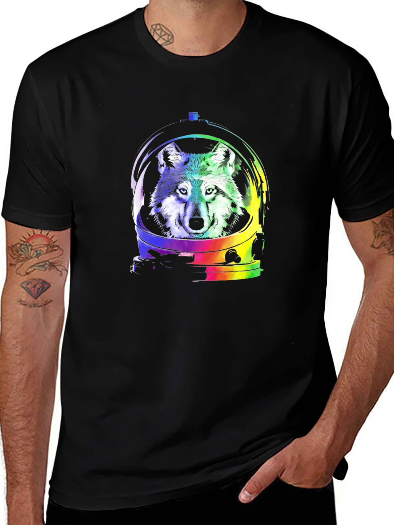 Wolf Astronaut Graphic Tee - Black Cotton T-Shirt