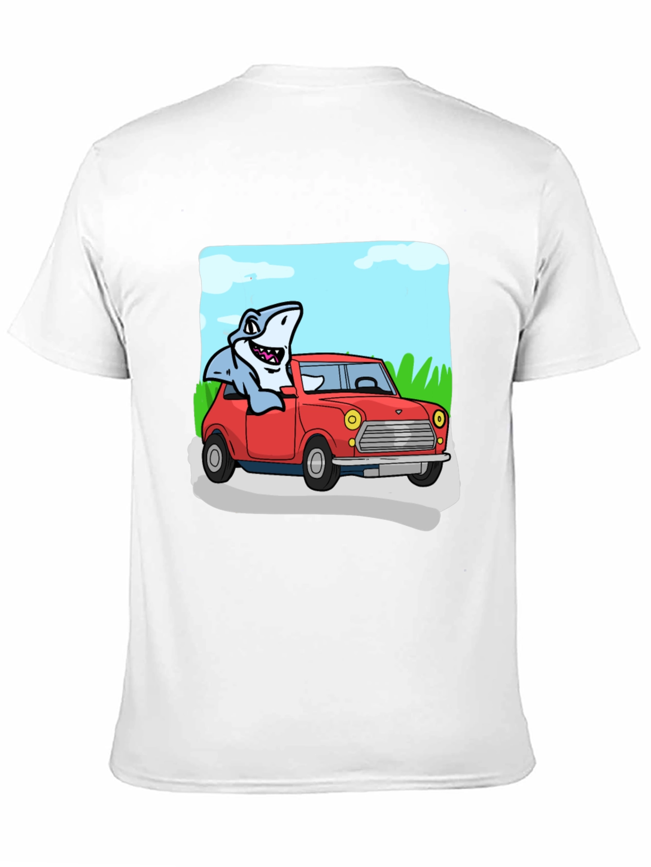 Shark in Car Graphic Tee - Unique Cartoon T-Shirt