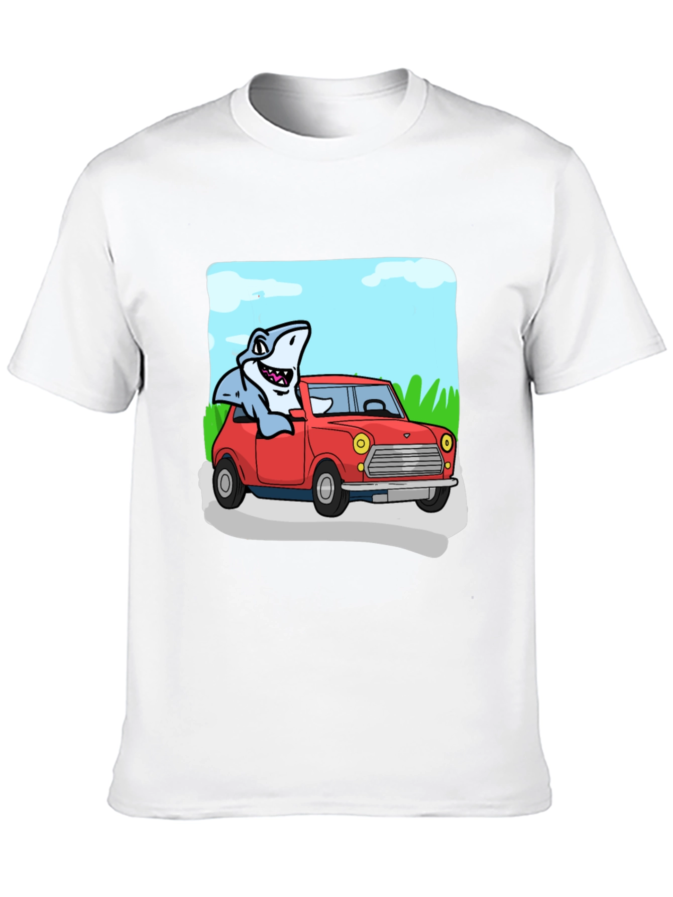 Shark in Car Graphic Tee - Unique Cartoon T-Shirt