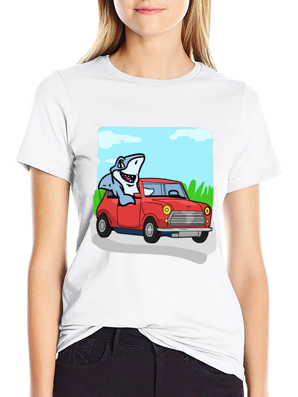 Shark in Car Graphic Tee - Unique Cartoon T-Shirt