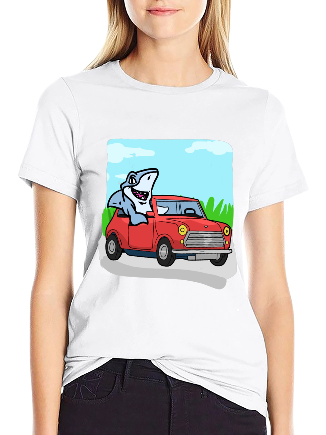 Shark in Car Graphic Tee - Unique Cartoon T-Shirt