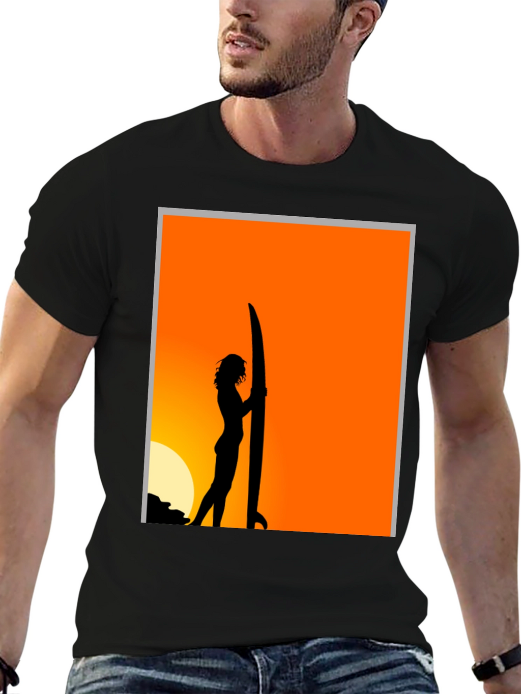 Sunset Surfer Graphic Tee - Black Cotton T-Shirt