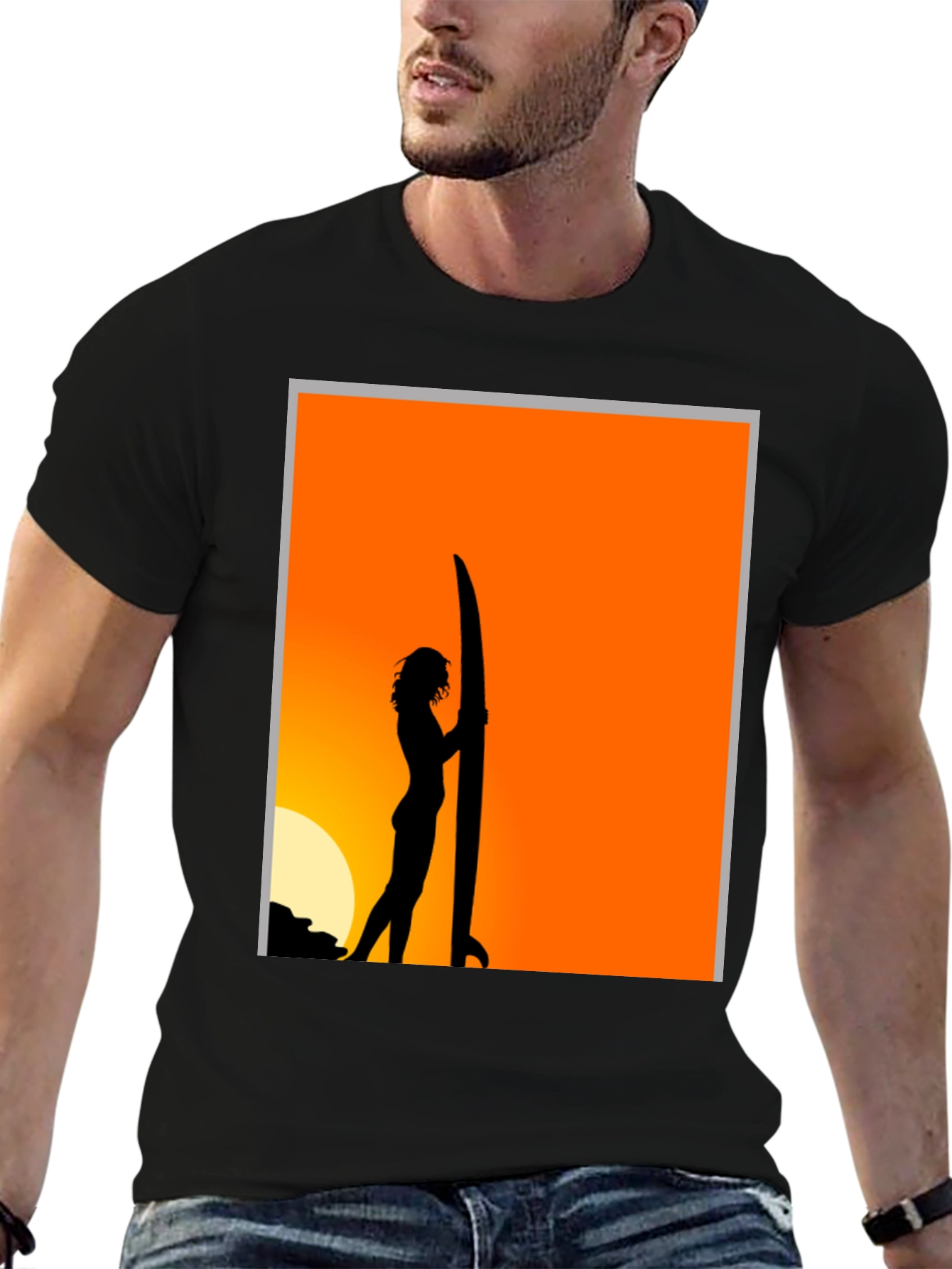 Sunset Surfer Graphic Tee - Black Cotton T-Shirt