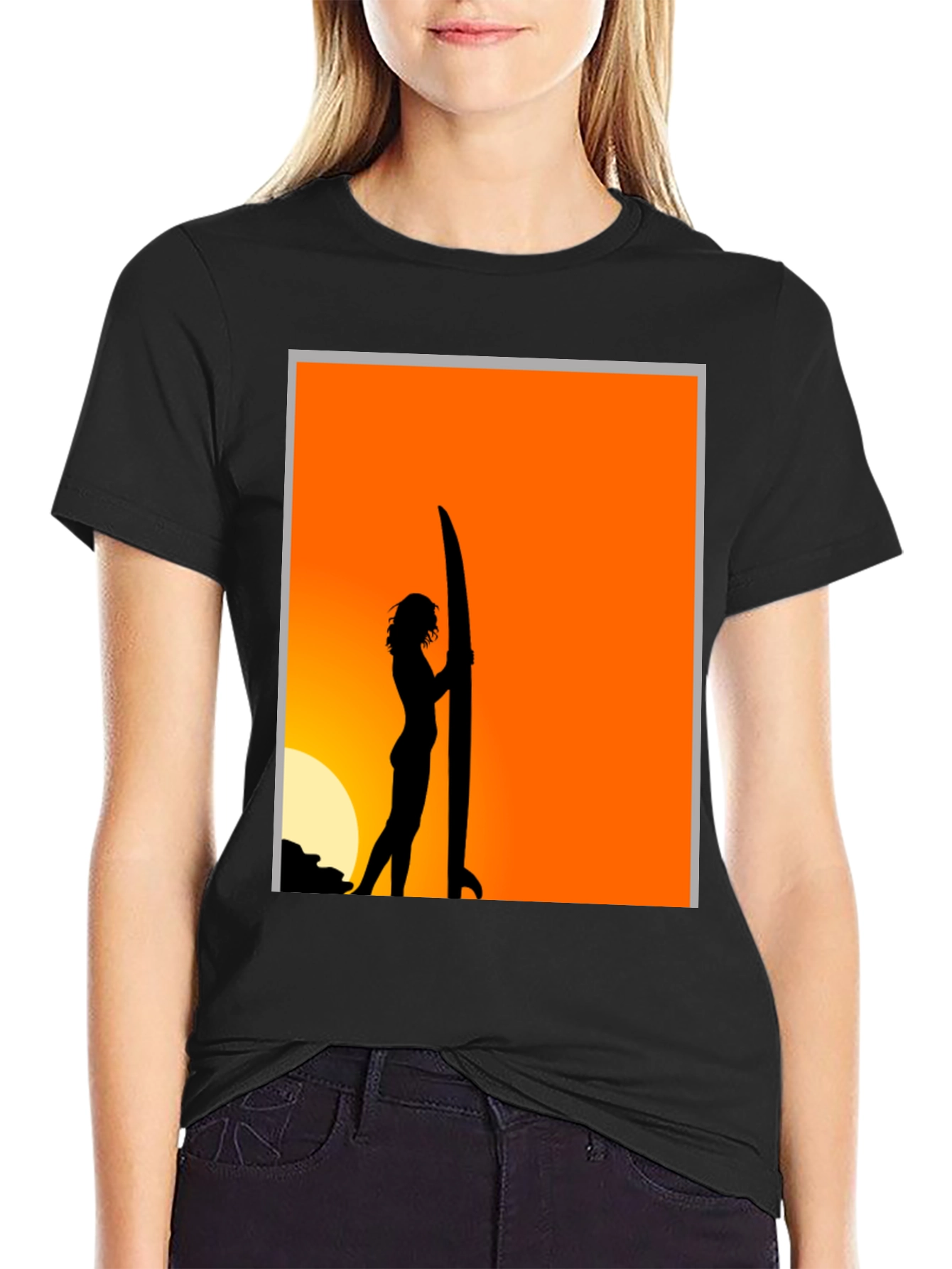 Sunset Surfer Graphic Tee - Black Cotton T-Shirt