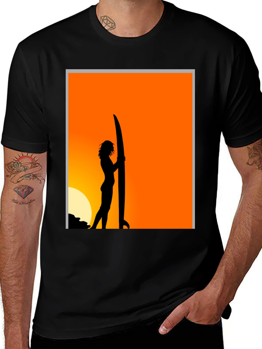 Sunset Surfer Graphic Tee - Black Cotton T-Shirt