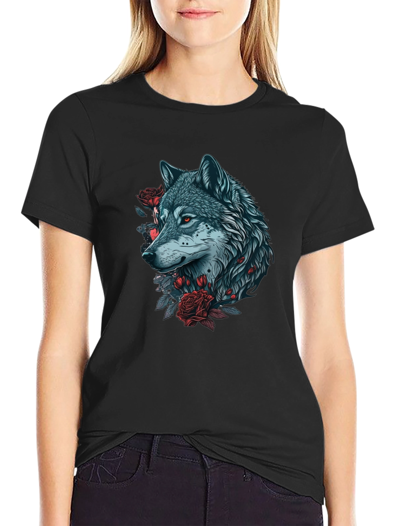 Wolf & Roses Graphic T-Shirt - Unique Design