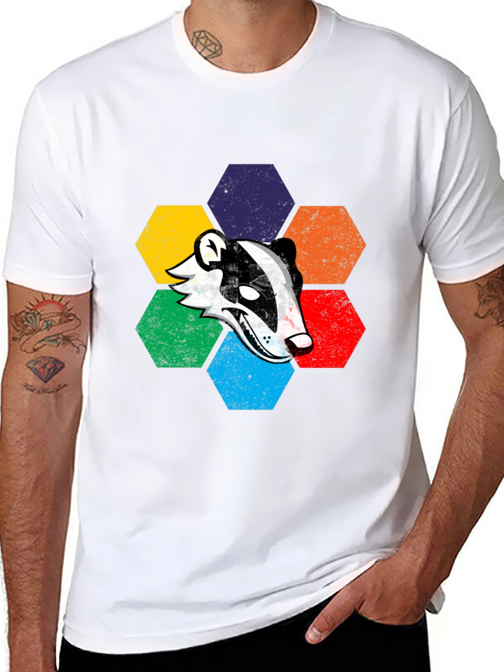 Retro Badger Hexagon Graphic T-Shirt