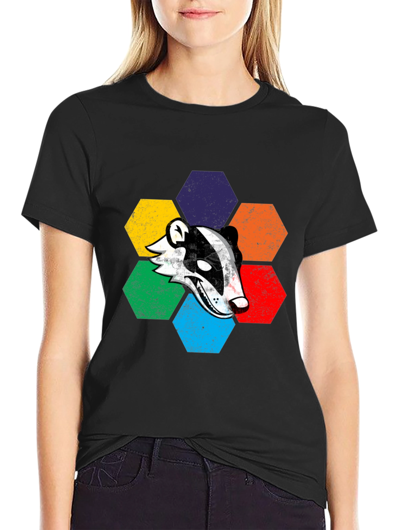 Retro Badger Hexagon Graphic T-Shirt