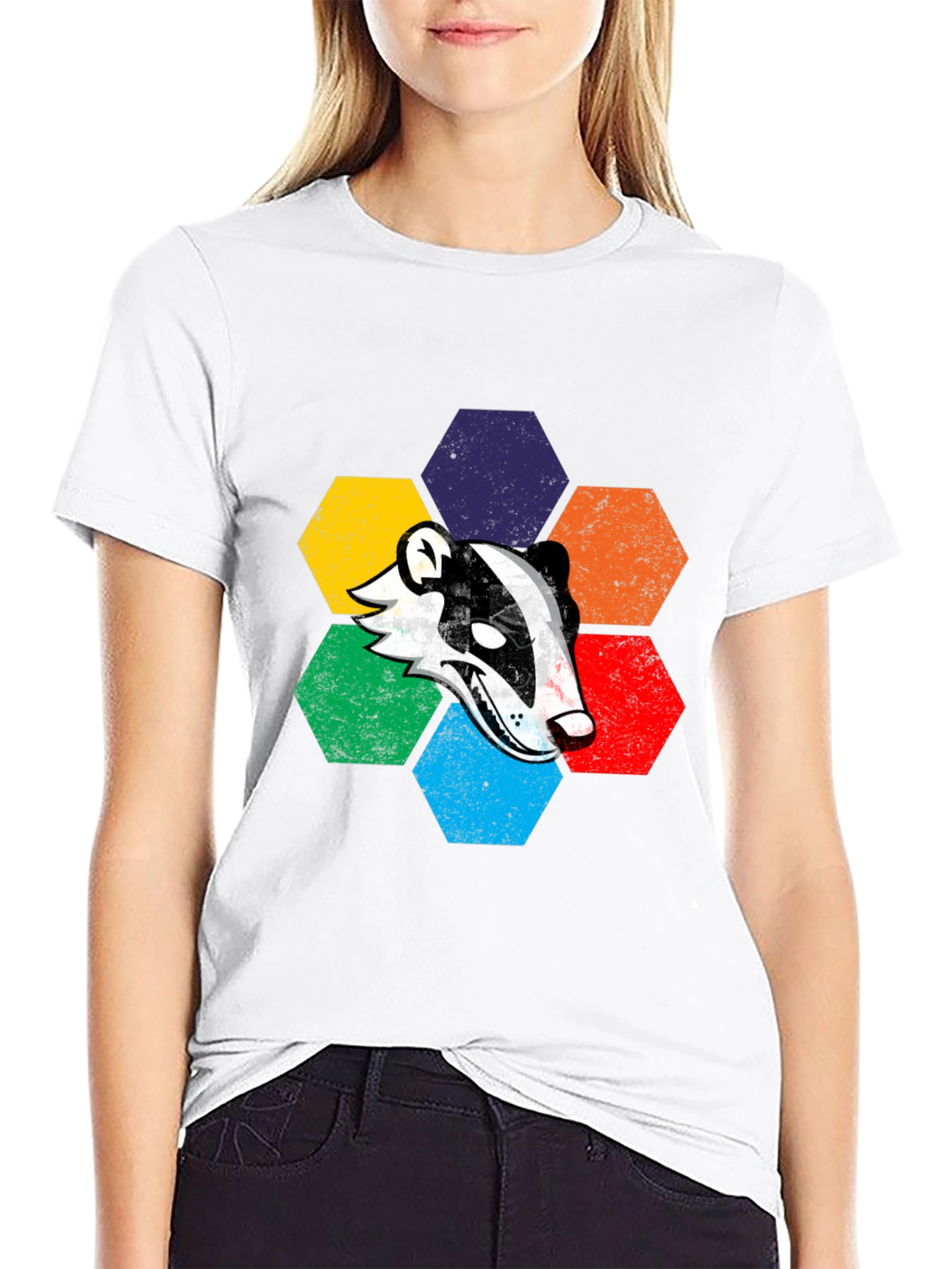 Retro Badger Hexagon Graphic T-Shirt