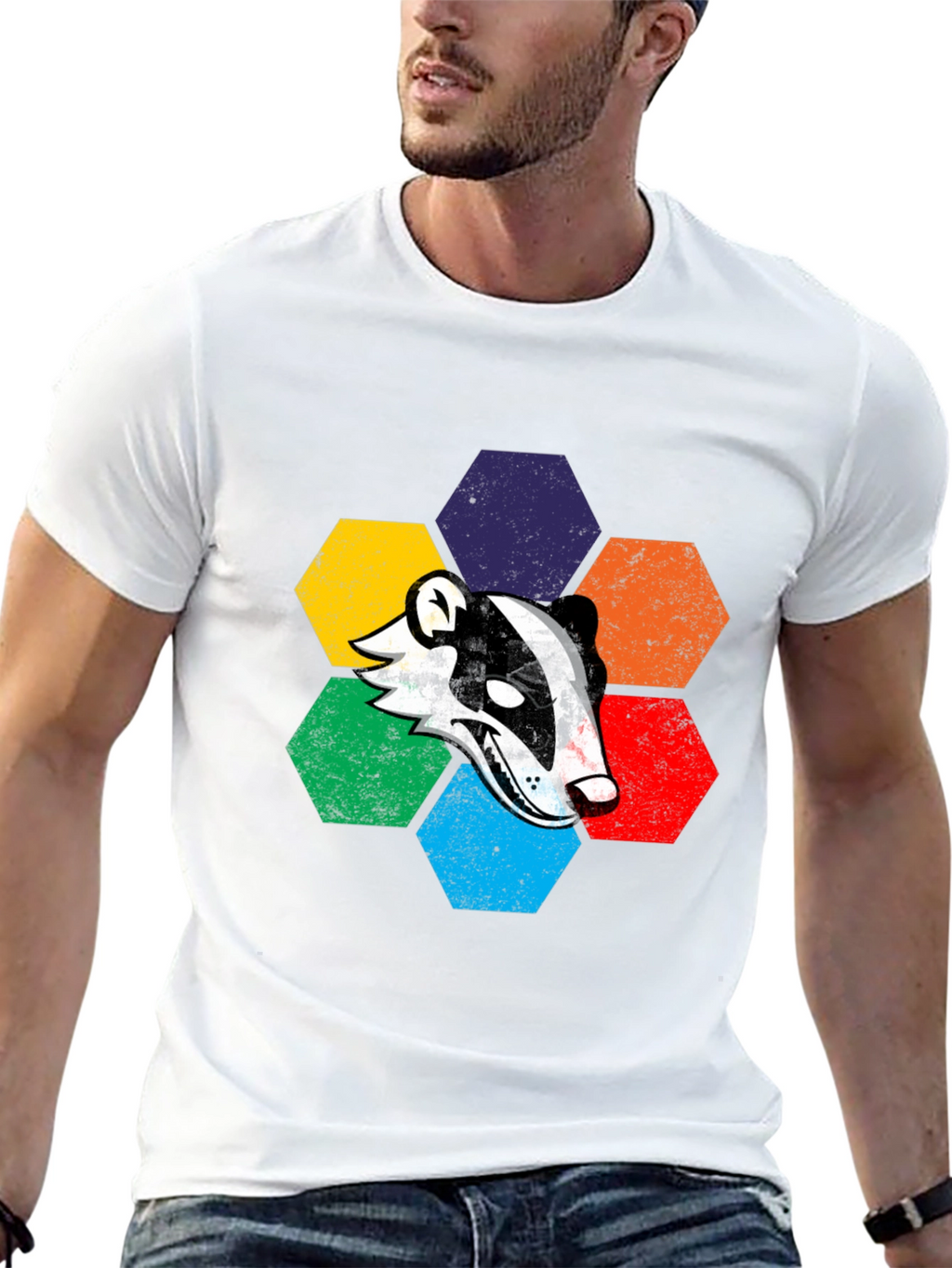 Retro Badger Hexagon Graphic T-Shirt