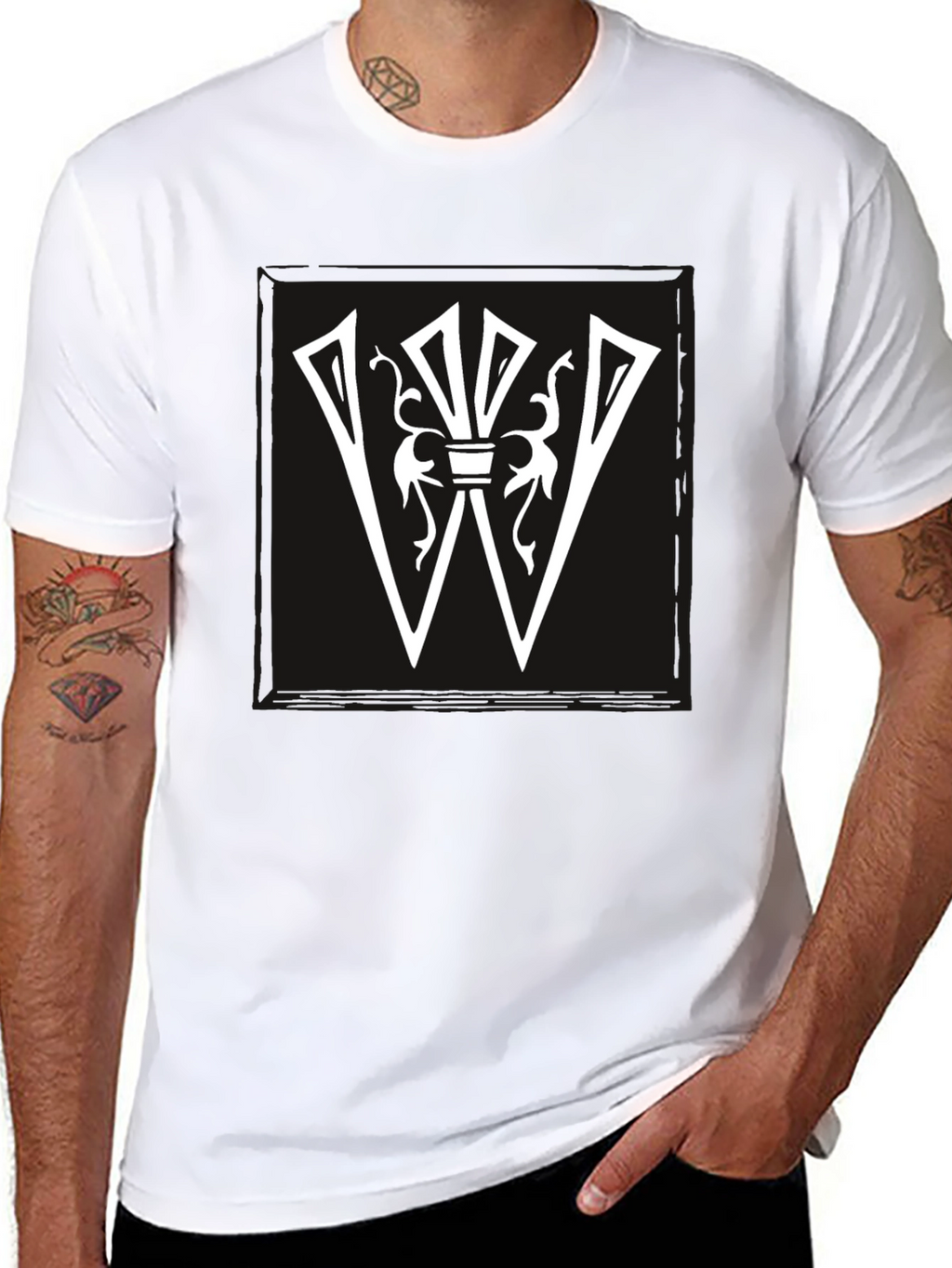 Graphic Tee: White Letter W Design on Black Shirt