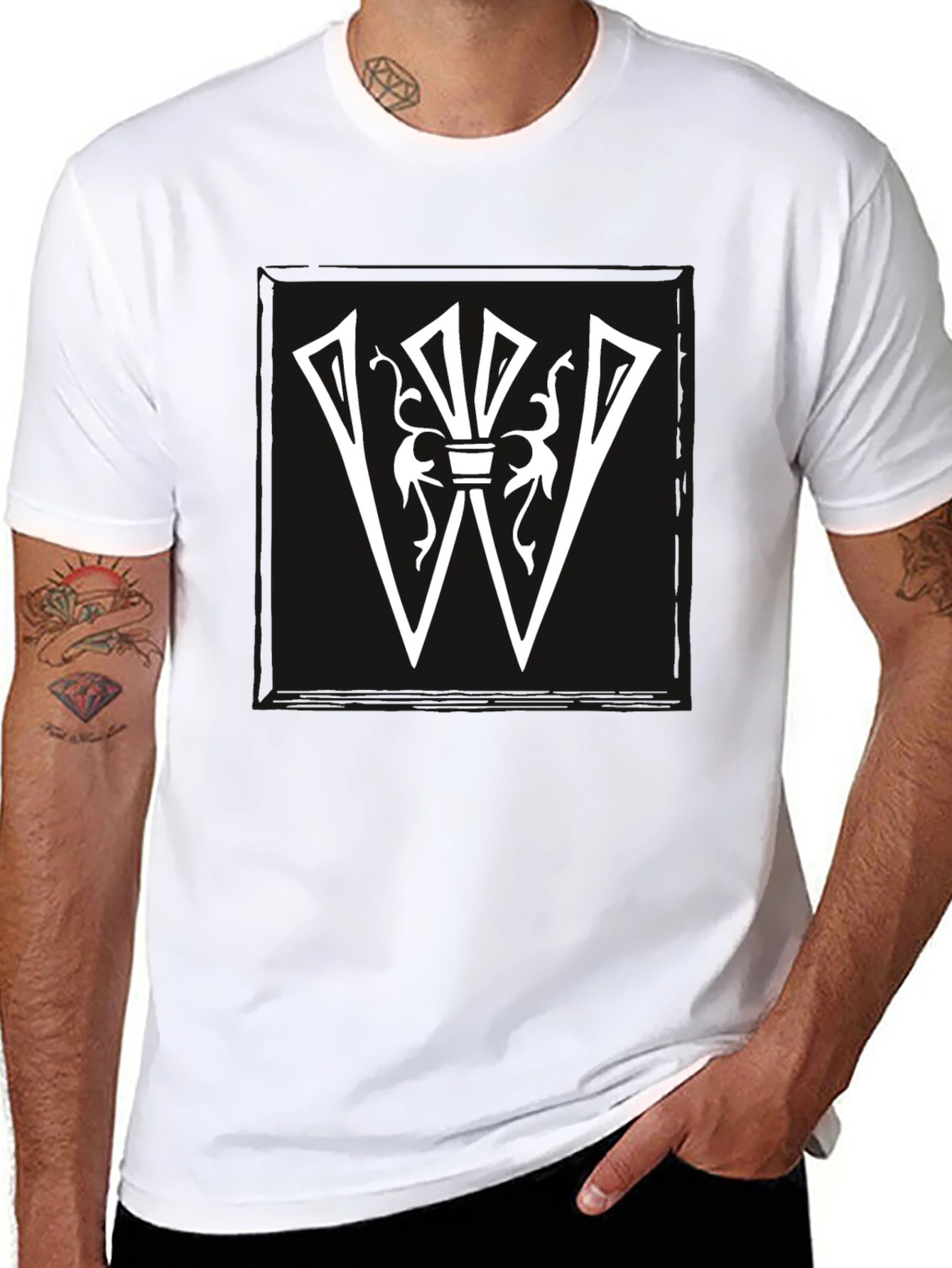 Graphic Tee: White Letter W Design on Black Shirt