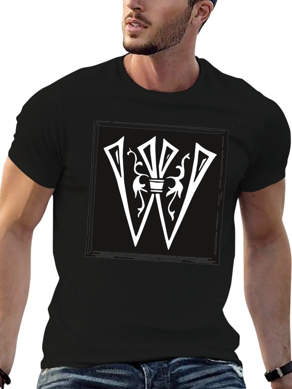 Graphic Tee: White Letter W Design on Black Shirt