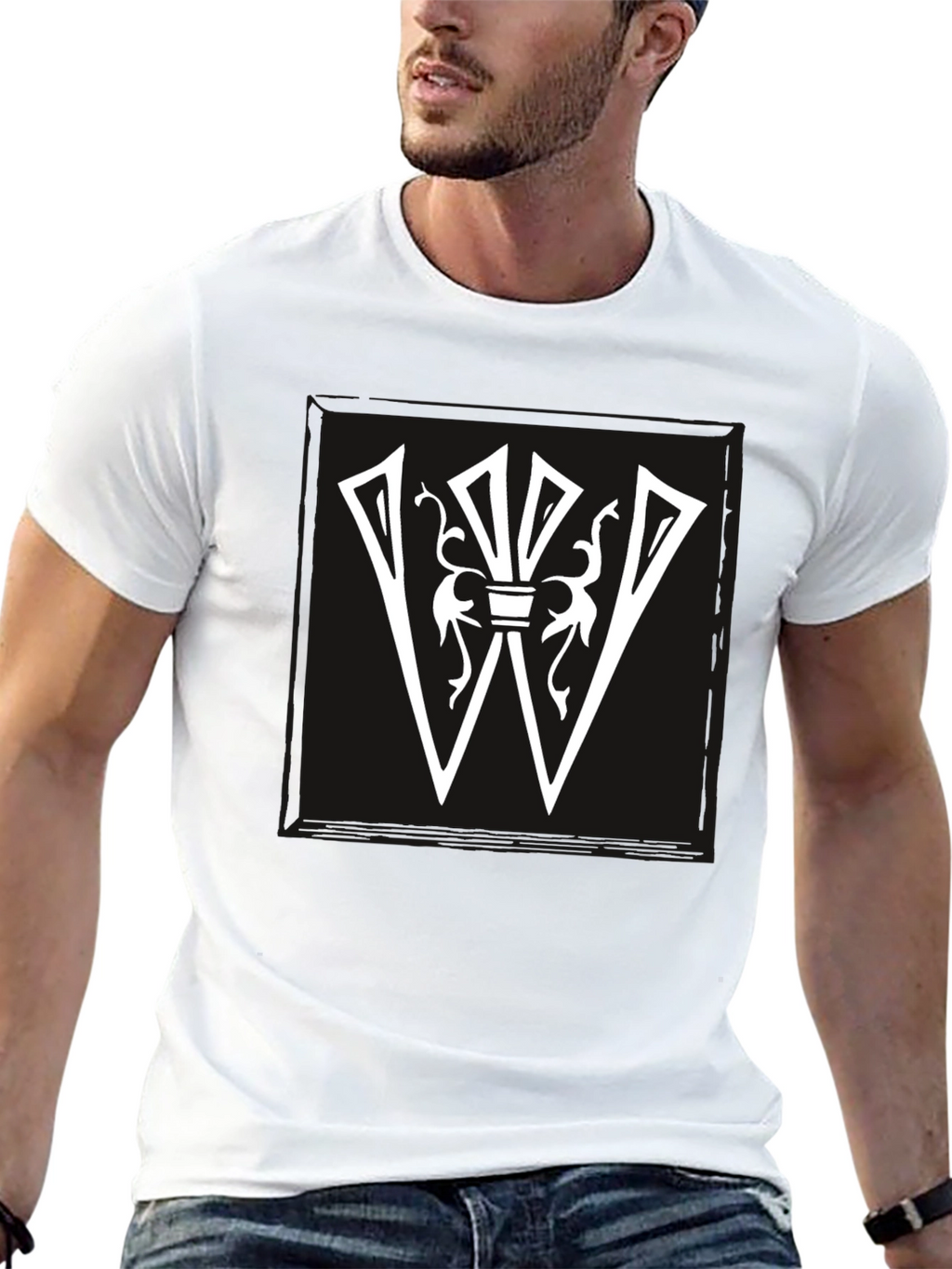 Graphic Tee: White Letter W Design on Black Shirt