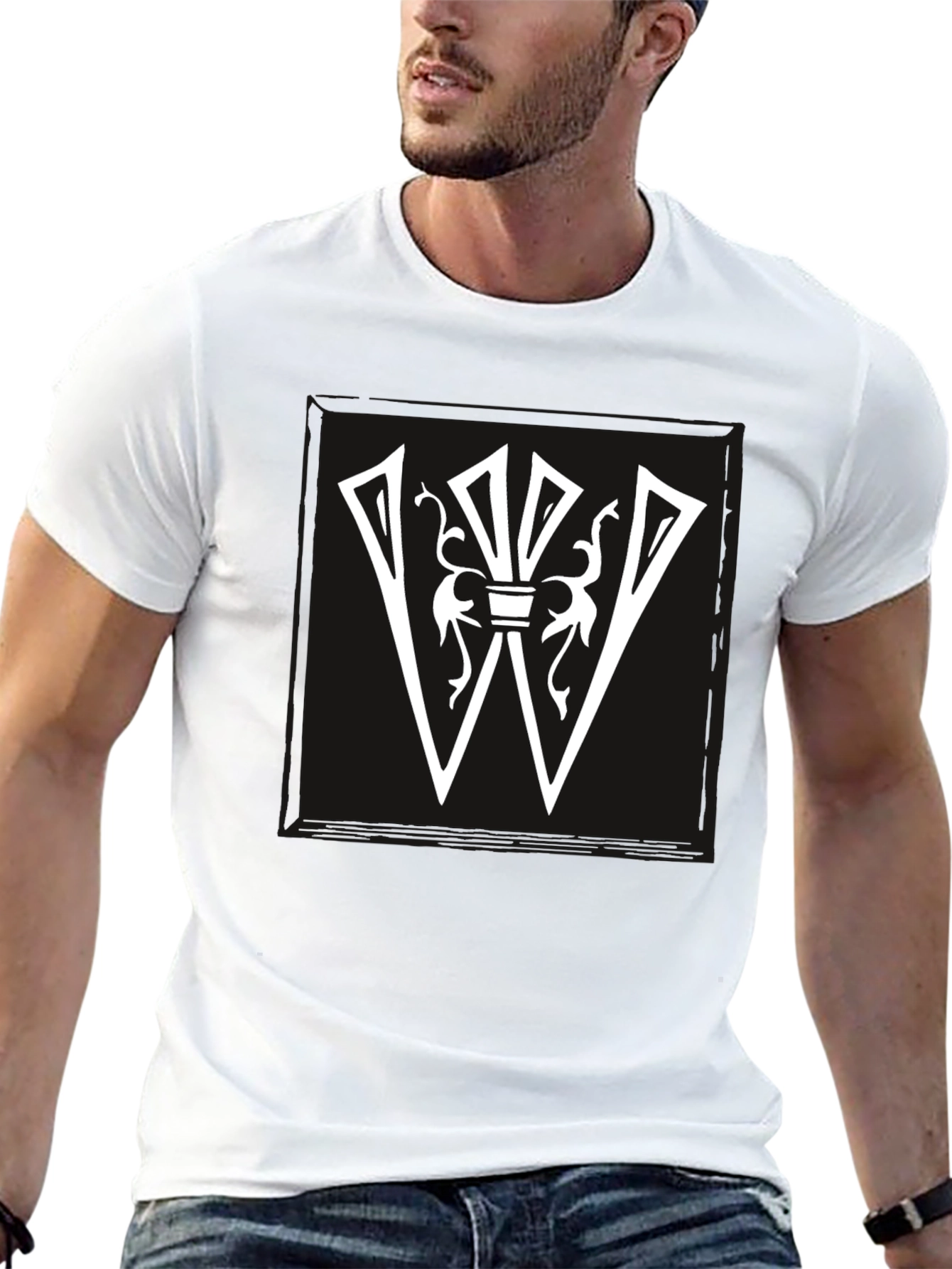 Graphic Tee: White Letter W Design on Black Shirt