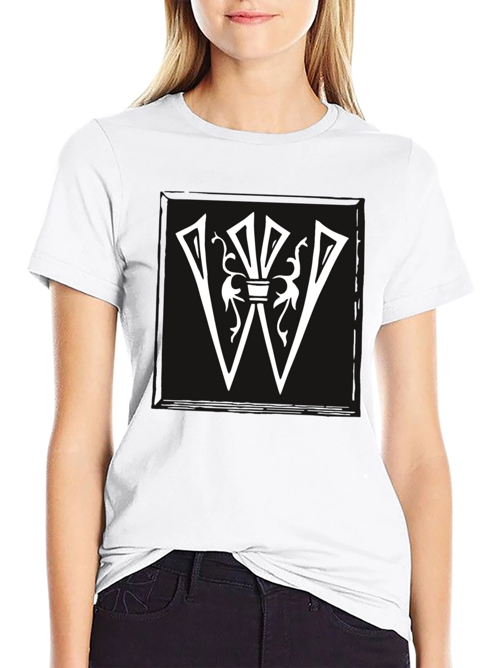 Graphic Tee: White Letter W Design on Black Shirt
