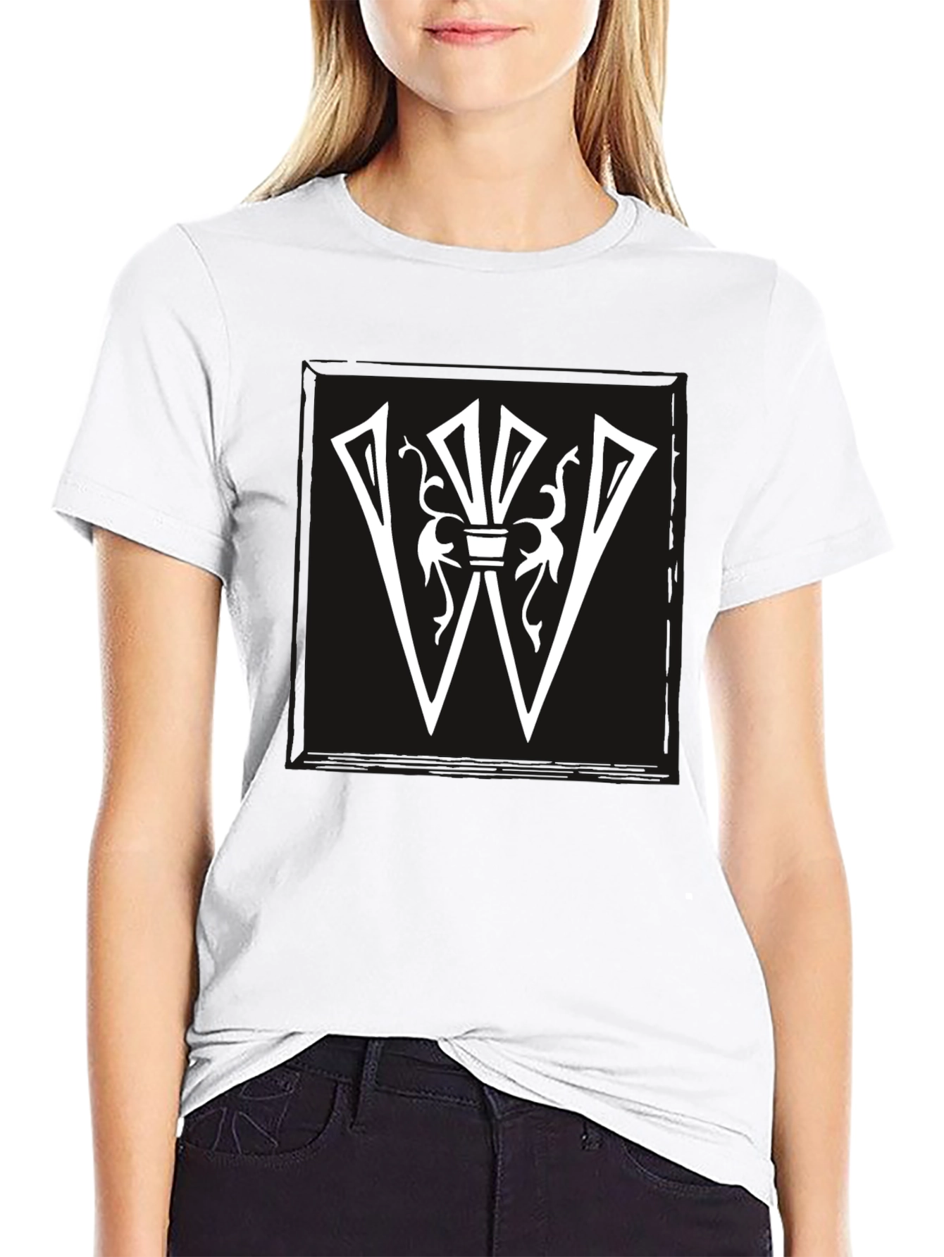 Graphic Tee: White Letter W Design on Black Shirt