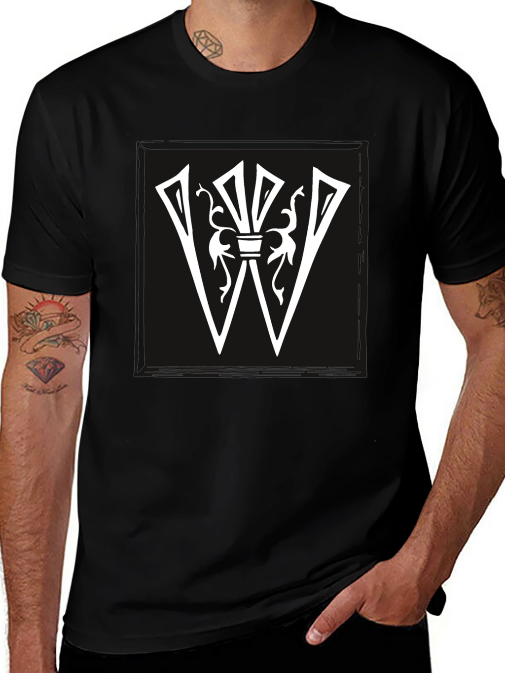 Graphic Tee: White Letter W Design on Black Shirt