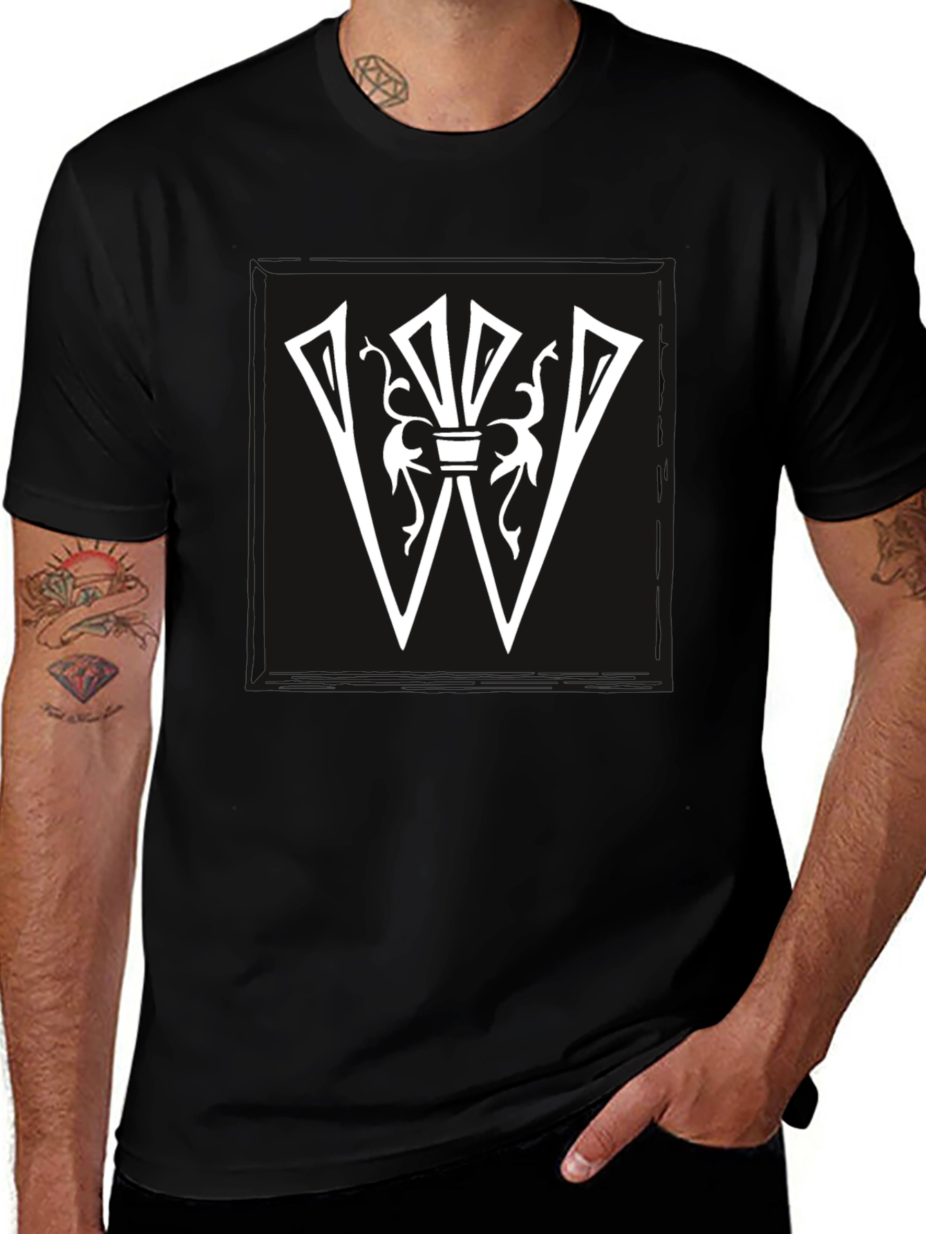 Graphic Tee: White Letter W Design on Black Shirt