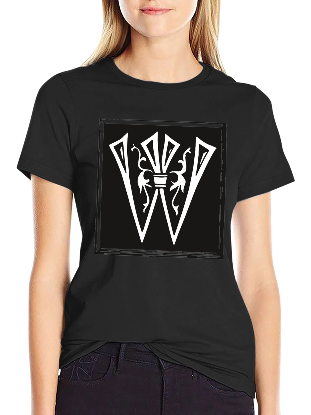 Graphic Tee: White Letter W Design on Black Shirt
