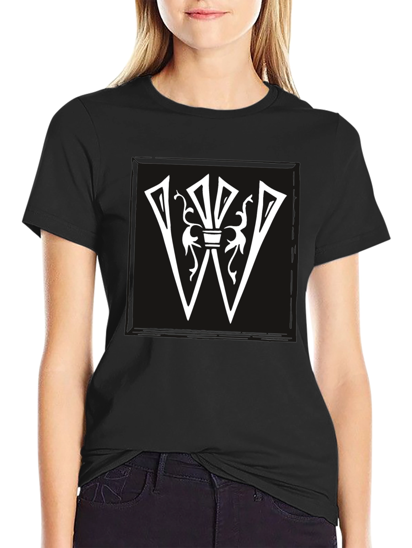 Graphic Tee: White Letter W Design on Black Shirt