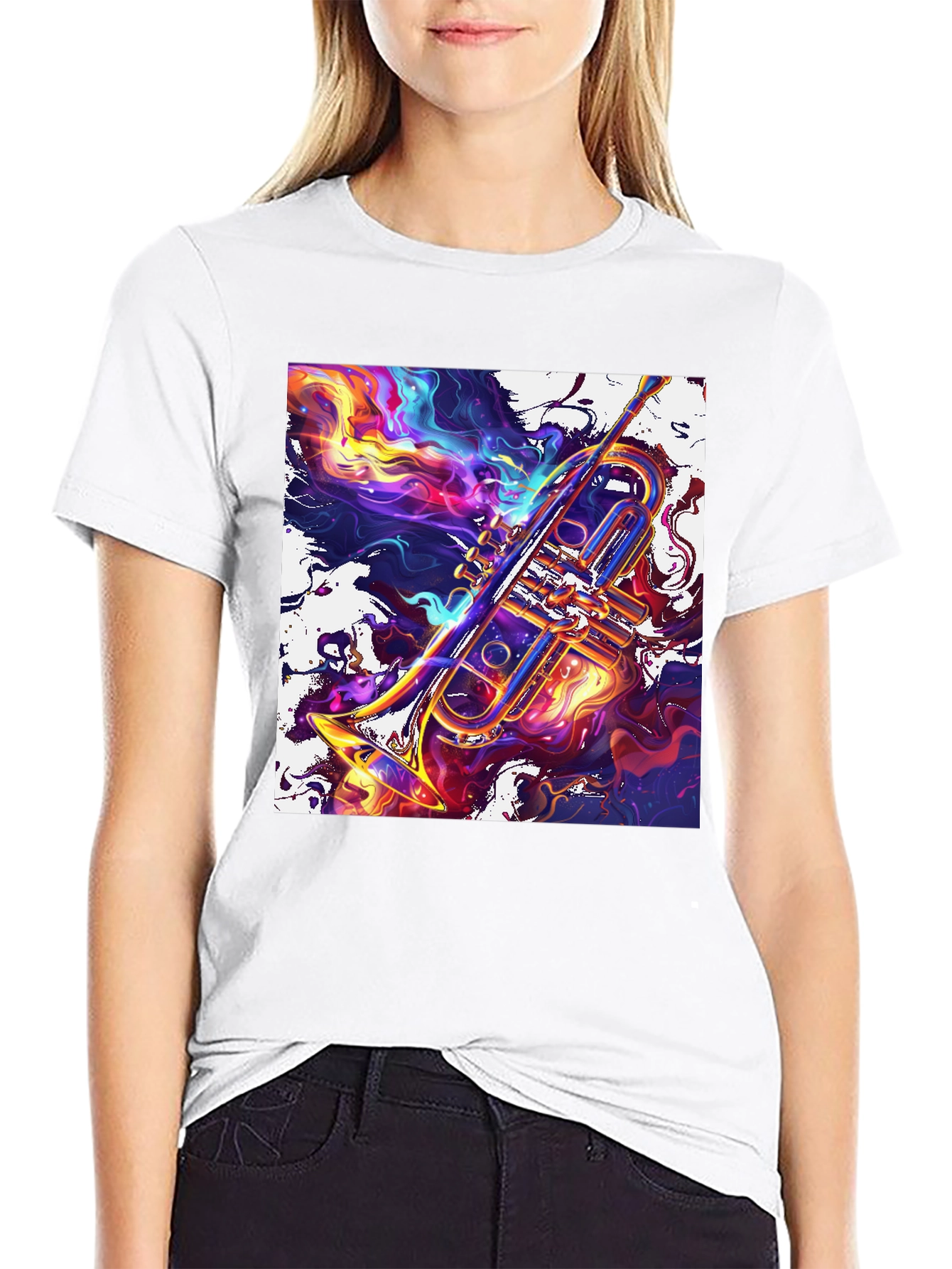 Abstract Trumpet Graphic T-Shirt - Vivid Musical Art Tee