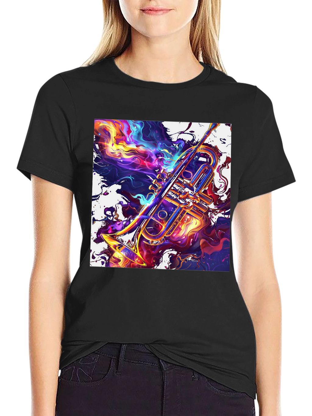 Abstract Trumpet Graphic T-Shirt - Vivid Musical Art Tee