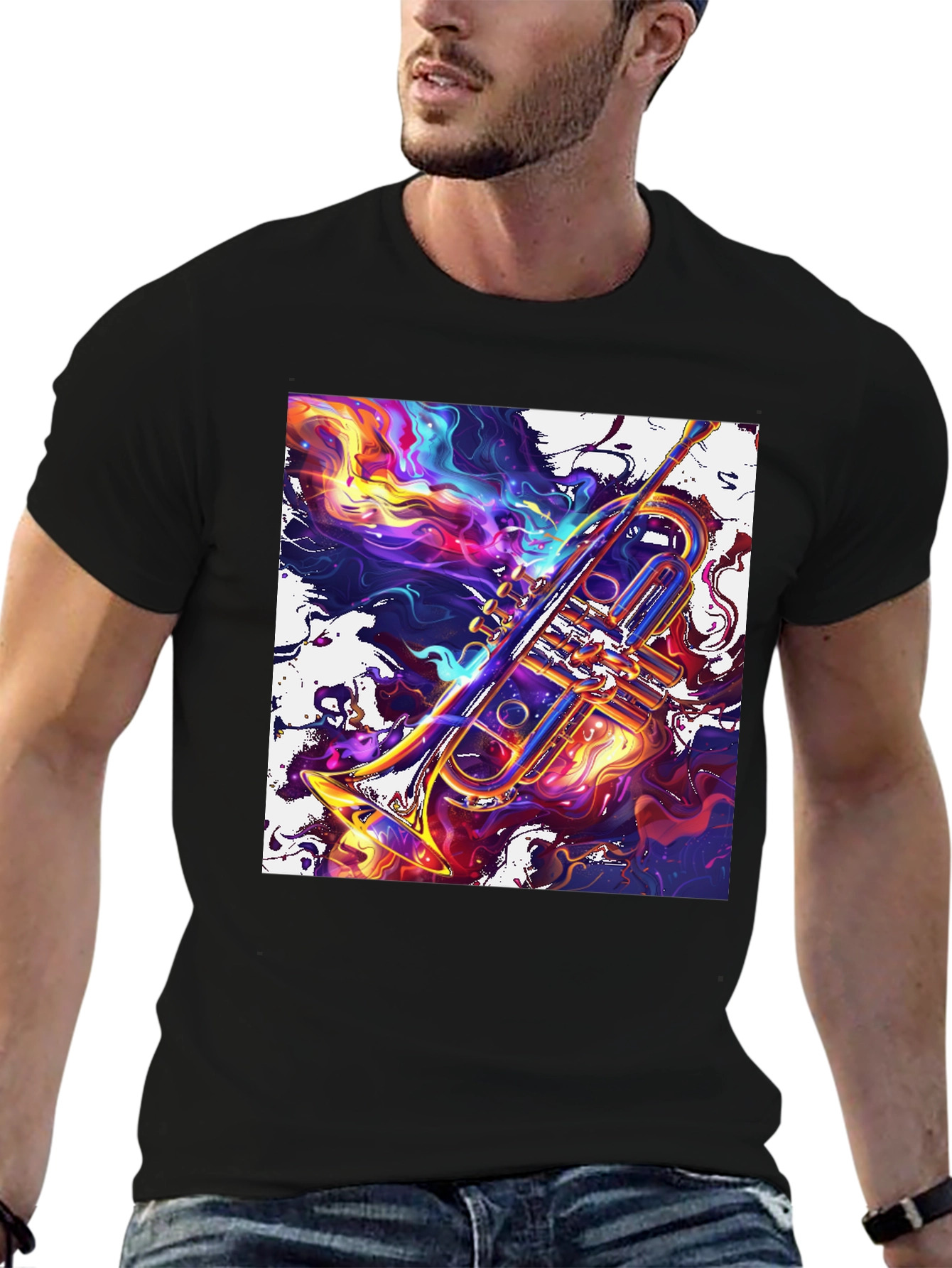 Abstract Trumpet Graphic T-Shirt - Vivid Musical Art Tee