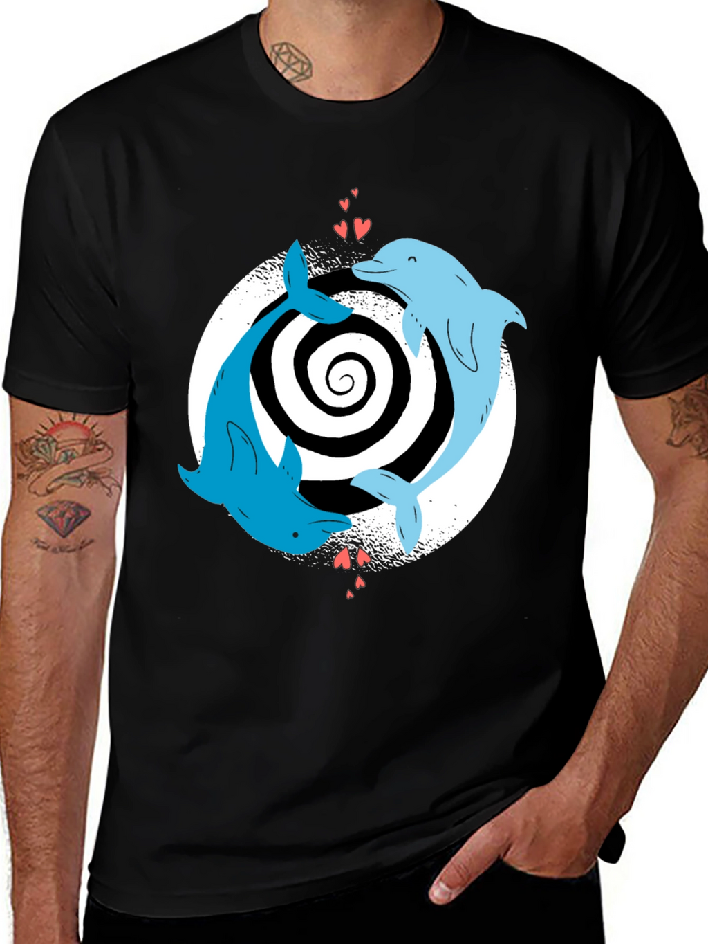 Dolphin Love Yin Yang T-Shirt - Black Casual Tee