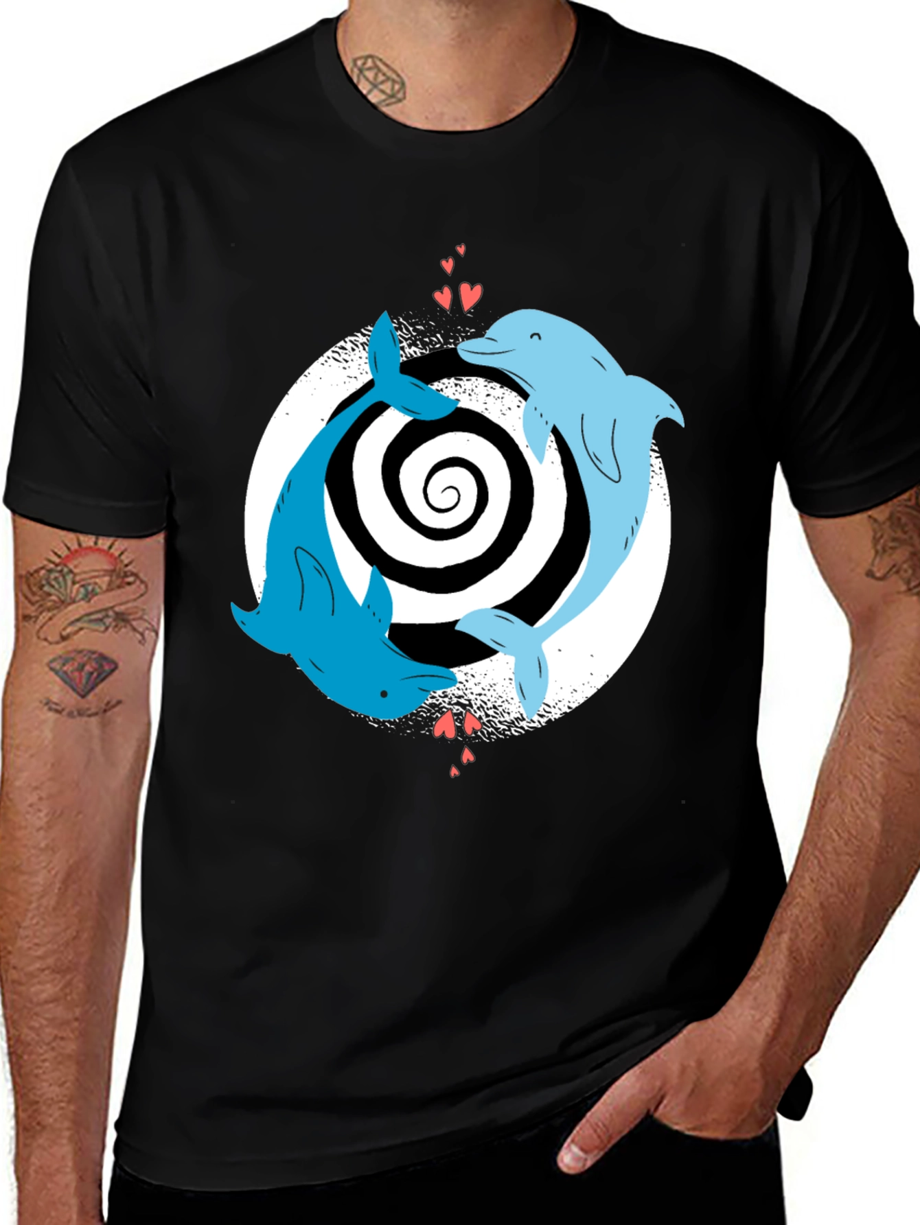 Dolphin Love Yin Yang T-Shirt - Black Casual Tee