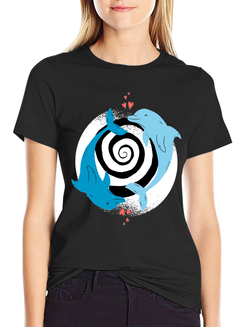 Dolphin Love Yin Yang T-Shirt - Black Casual Tee